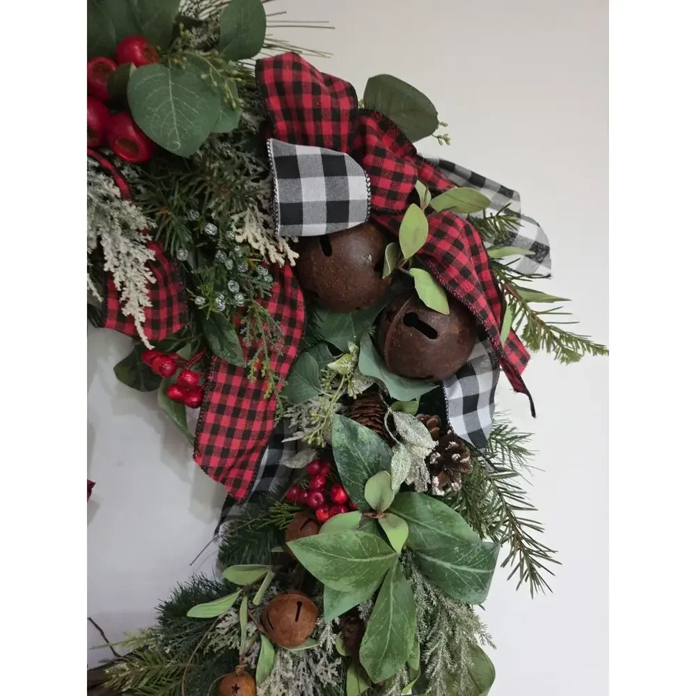 Handmade Buffalo Plaid Farmhouse Christmas Wreath Bells Berries Pinecones